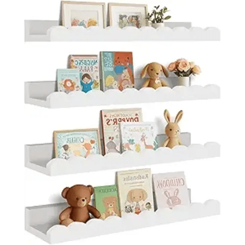 Yirilan 4-Pack Scalloped Shelves, Nursery Shelves for Wall, Floating Nursery Book Shelves for Kids, White