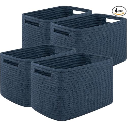 OIASKET 4Packs Natural Cotton Rope Storage Baskets for Organizing Toys, Clothes, Towels & Books, Soft Versatile Organizers for Shelves, Home Decorative Bins, 13''Lx9''Wx7.8''H, Blue