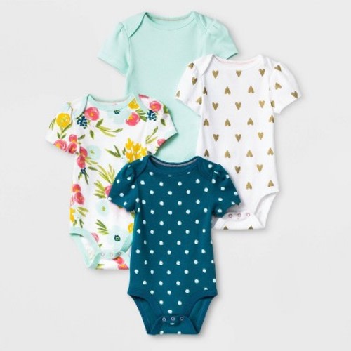 Baby Girls' 4pk Floral Fields Short Sleeve Bodysuit - Cloud Island™ Green/White, Size: 3-6M
