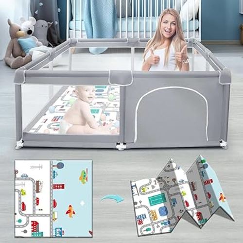 Fshibila Baby Playpen with Mat, Baby Playpens for Babies and Toddlers, Baby Fence Play Pen for Indoor & Outdoor, Sturdy Safety Play Yard with Soft Breathable Mesh, 50 * 50 * 27 inches Grey