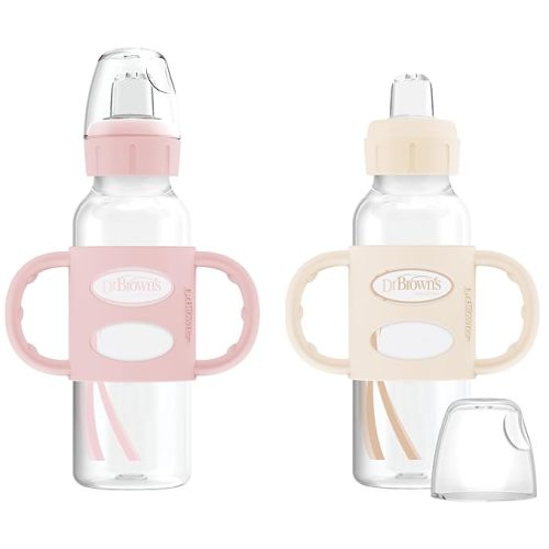 Dr. Brown's Milestones Narrow Sippy Spout Bottle with 100% Silicone, Easy-Grip Handles and Soft Sippy Spout, 8oz/250mL, Light Pink and Ecru, 2-Pack, 6m+
