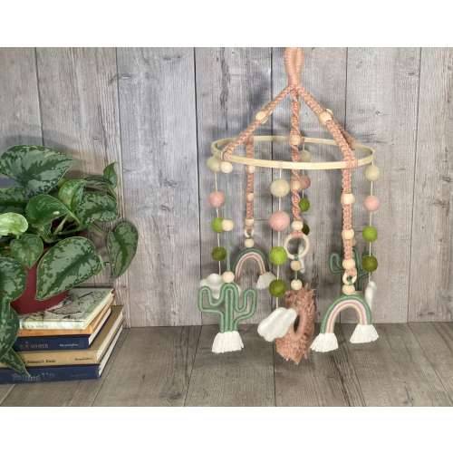 Cactus cloud & rainbow baby girl crib mobile-boho nursery cactus theme baby room-macrame decor-handmade felt ball pink and green nursery