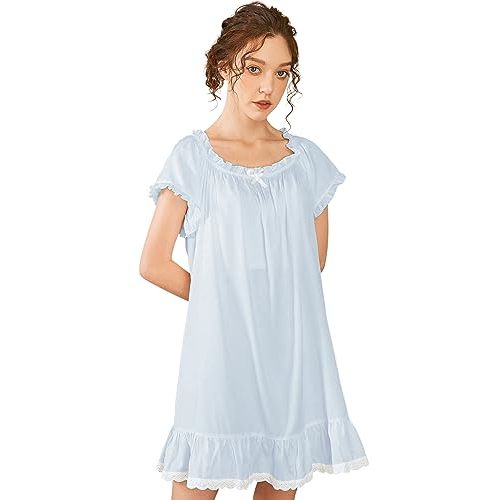 Nanxson Women's Cotton Nightgown Short Sleeve Sleepwear Vintage Nightshirt | Summer Victorian Sleepdress,White Sleepshirt,U Neck Lace Loungewear,Soft Nightshirt,Loose Loungedress,Bride Nightwear