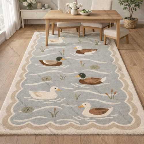 Duck Pond Rug, Nature Inspired Kids Room Carpet, Handmade Duck Area Rug, Scalloped Edge Wool Rug, Nursery & Playroom Rug, Custom Size Rug