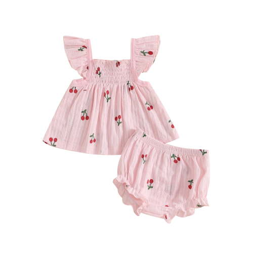 Loicainy Baby Toddler Girl Shorts Set 3 6 12 18 24 Months Cherry Print Smocked Fly Sleeve Babydoll Tops Elastic Waist Ruffle Shorts 2 Piece Summer Outfit