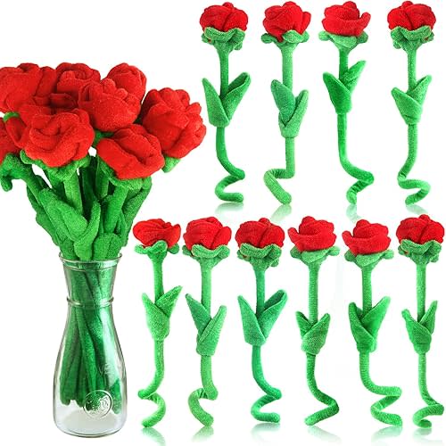 10 Pcs Plush Rose Flower Stuffed Flower Bendable Stems Plush Bouquet Toy Soft Rose Flower 12.6 Inch for Christmas Classroom 2025 Mother's Day Valentines Day Girl Girlfriend Wife(10 Pcs Red Series)
