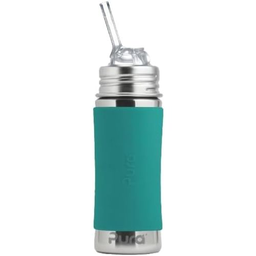 Pura Kiki 11oz/325ml Stainless Steel Straw Bottle w/Sleeve - 100% Plastic-Free, MadeSafe Certified, 100% Medical-Grade Silicone Straw for Kids, Toddlers, Preschoolers, Babies & Infant - New Mint