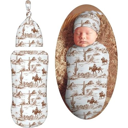 Vintage Western Cowboy Newborn Swaddle Blankets Hat Sets Soft Baby Receiving Blanket Swaddle Sack for Baby Shower Infant Boy Girl Gift