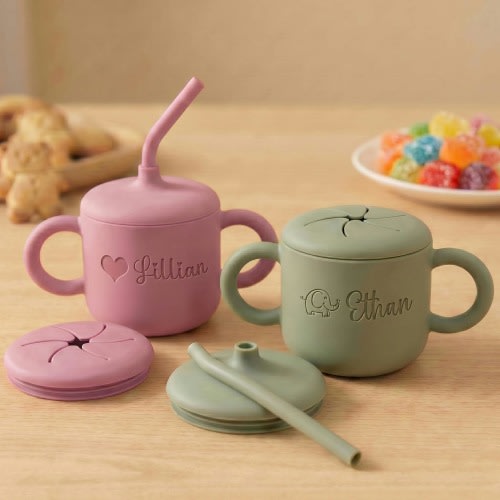 Personalized 2-in-1 Silicone Sippy & Snack Cup Set, Custom Engraved Toddler Drinkware, 1st Birthday Baby Gift for Boy Girl
