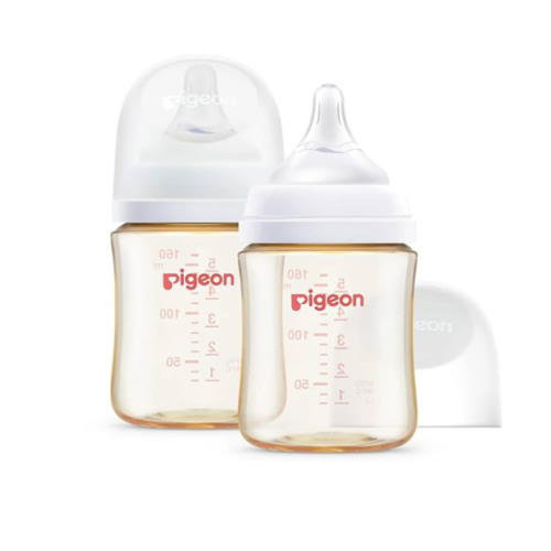 Pigeon PPSU Nursing Baby Bottle Wide Neck, Anti-Colic, Streamlined Body, Natural Feel, Easy to Clean, 5.4 Oz(Pack of 2), Includes 2pcs SS Nipples (0m+)