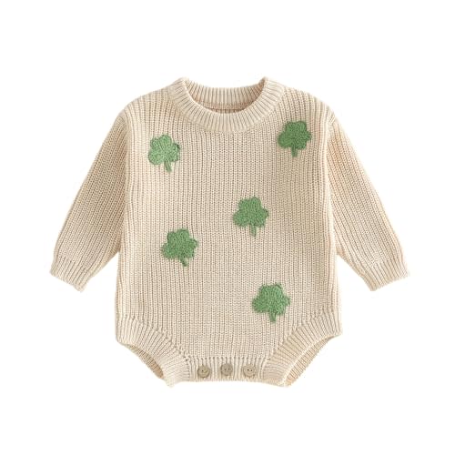 Baby Girl Boy St Patricks Day Outfit Cute Long Sleeve Shamrock Embroidery Sweater Romper Infant Spring Clothes