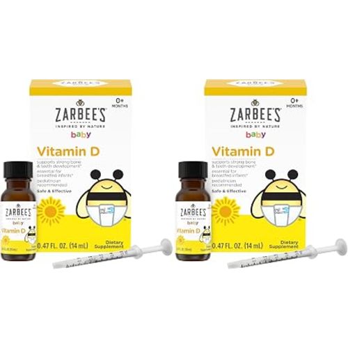 Zarbee's Vitamin D Drops for Infants,400IU (10mcg) Baby & Toddler Liquid Supplement,Newborn & Up,Dropper Syringe Included,0.47 Fl Oz,(Pack of 2)