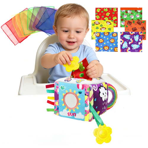 BUTOMKY Montessori Baby Tissue Box Sensory Toy - Crinkle Cloth Scarves Pull Toy for 6-12 Months Infants, Motor Skills Development Early Learning Gift