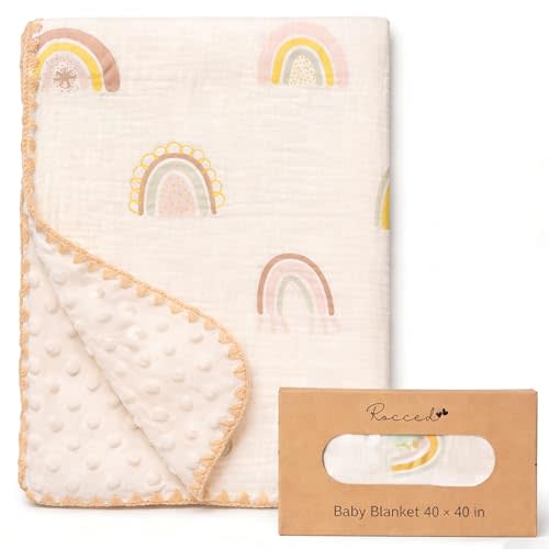Baby Blanket with Dotted Double Layers Muslin Soft Swaddle Blanket Cotton Neutral Receiving Blankets for Toddler Baby Quilt Throw Blanket Bed Throw Blanket for Newborn Unisex 40x40 Inch-Rainbow