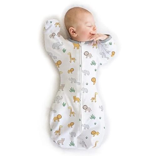Amazing Baby Transitional Swaddle Sack, Arms Up Half-Length Sleeves & Mitten Cuffs, Swaddle for Newborn Transition to Baby Sleep Sack Wearable Blanket, Medium, 3-6 Month, 14-21 lb, On Safari