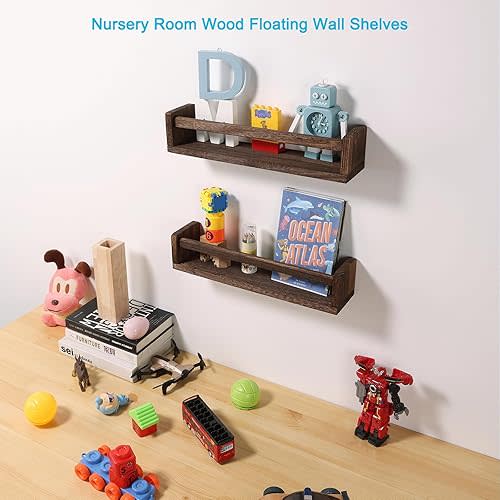 Nursery Book Shelves, Set of 2 Wood Floating Book Shelves for Kids Room, Kitchen Spice Rack, or Rustic Wall Mounted Shelves for Farmhouse Bathroom Decor (Carbon Brown)