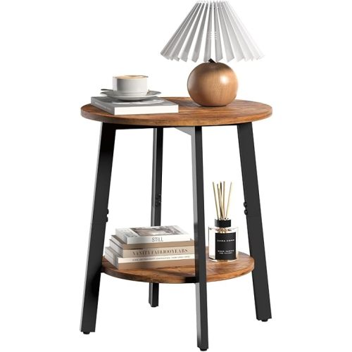 sthmec Side Table, Small Round End Table with Storage Shelf for Small Space, 2-Tier Bedside Table Sofa Couch Table, Round Accent Table Nighstands for Living Room, Bedroom, Rustic Brown