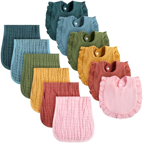 Newcotte 12 Pcs Baby Muslin Bibs and Burp Cloths Set Cotton Absorbent Baby Bibs Burping Cloths for Toddler Unisex Girls Boys Soft Adjustable Drooling for Newborn Teething