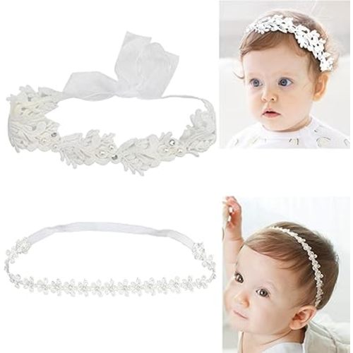 Elegant White Flower Christening Headbands for Baby Girl, Elastic Soft Lace with Cute Tulle Pearl Hair Strap, Stretchy Baptism Halo for Pure Newborns Infants Toddlers (Over 6 Months) (2 Pack 18-20in)