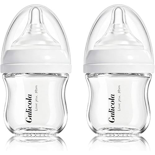 Gulicola Small Glass Baby Bottle for Newborn Breastfeeding Babies, Preemie & Extra Slow Flow Nipples (SS), Anti-Colic, Breast-Like, 0 Months+, 3 oz, 2 Pack - White