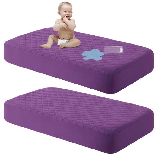 Ntbay 2 Pack Quilted Toddler Waterproof Fitted Sheets, Ultra Soft Breathable Crib Mattress Protectors with Deep Pocket, 24" x 38", Purple
