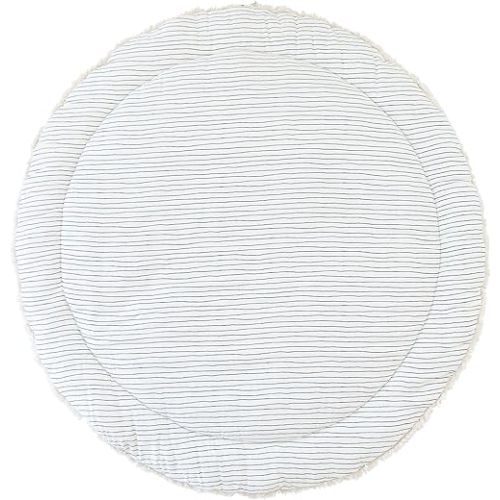 MakeMake Organics Organic Play Mat GOTS Certified Organic Cotton Nursery Floor Rug Washable Reversible Non Toxic Activity Mat Tummy Time Crawling Pad Thick Quilted (Round 48",Blue Stripes,Solid Ivory)