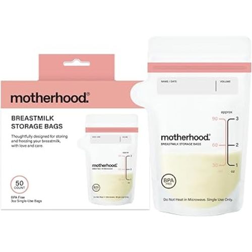 Motherhood Collection Breastmilk Storage Bags – Leak Proof Breast Milk Freezer Bags, Pre-Sterilized & BPA Free, Dual Sizes 3 oz & 6 oz, Self-Standing & Flat Lay, 50 or 100 Count