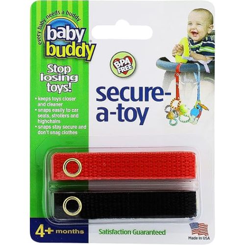 Baby Buddy Secure-a-Toy, Adjustable Pacifier and Teether Strap for Stroller, Highchair, and Car Seat, Red Black, 2 pack