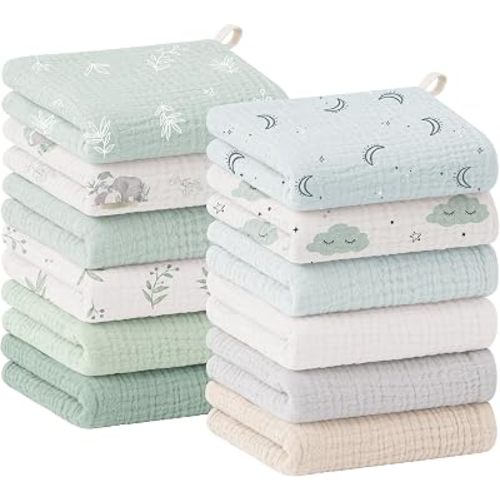 Bearmoss 12 Pack Baby Muslin Washcloths, 100% Cotton 10"x10" Face Towels