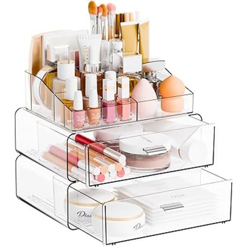 Yieach 3 Tier Clear Acrylic Makeup Organizers with Drawers,Tiered Countertop Make up Storage Organizer for Dresser Top and Bathroom Vanity,Plastic Makeup Stand for Brush,Skincare,Beauty Organizers