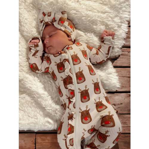 Organic Waffle Ruffle Zip Footie, Reindeer