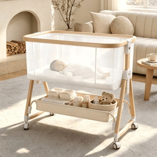 Suihuooo Baby Bassinet Bedside Sleeper, Height Adjustable,360°Lockable Wheels,Large Storage Capacity, Portable Bassinet for Newborns and Infants ,Beige