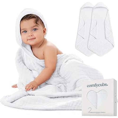 Comfy Cubs Hooded Baby Towel 2-Pack, Large 32 x 32 Inch - 6 Layer 100% Muslin Cotton for Babies, Toddlers and Kids - Soft & Absorbent Baby Bath Towels - Unisex Design for Bath Time - White