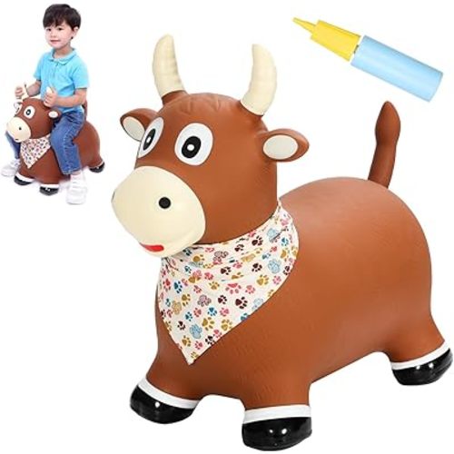 INPANY Bouncy Bull Farm Animal Hopping Toys for 1 2 Year Old Boy Gifts, Ride on Toddler Brown Cow Hopper, Kids Inflatable Jumping Horse, Outdoor Indoor Rubber Bouncer for 3 4 Yr Girl Birthday