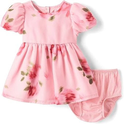 The Children's Place,Baby-Girls,and Newborn Casual Short Sleeve Dress with Diaper CoverPink Floral,3 Months,6 Months