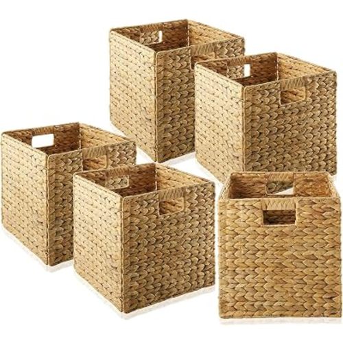 10.5x10.5in Storage Baskets Set of 5 Water Hyacinth Baskets,Foldable Handwoven Storage Cubes,Wicker Cube Baskets Laundry Organizer Totes for Bathroom, Bedroom, Laundry, Pantry, Shelves