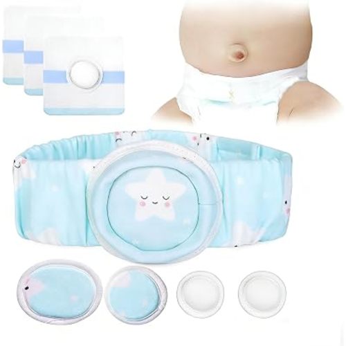 Umbilical Hernia Belt Kit for Baby, Baby Belly Button Band, Hernia Belt with 4 Compression Pads and 3 Navel Patches, Infant Abdominal Binder Set, Umbilical Cord Cover for Newborn(S Pattern Blue)