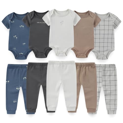 Newborn Baby 10-Piece Cotton Layette Set Short Sleeve Bodysuits and Pants Unisex Baby Clothes Gift Sets