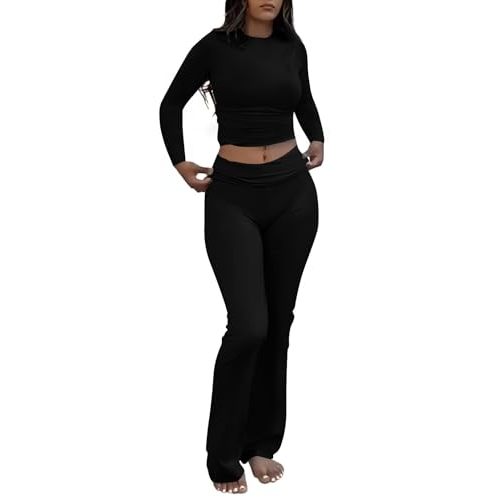 AYWA Women's 2 Piece Outfits Foldover Flare Pants Long Sleeve Crew Neck T-shirt Fitted Pajama Sets