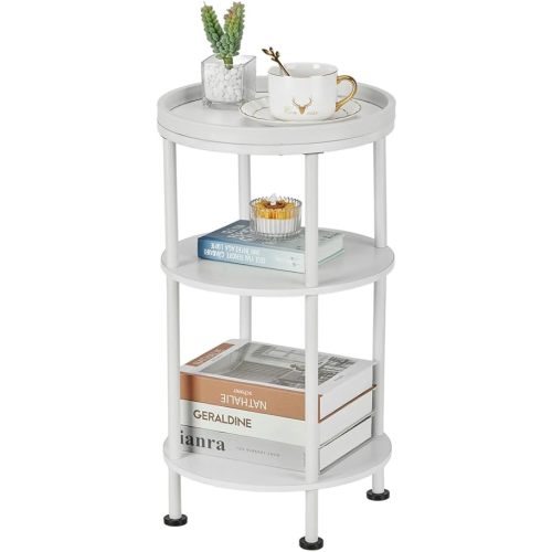 Small White Side Table, Round End Table with Wood Grain Texture, 3-Tier Farmhouse Nightstand for Bedroom & Living Room, 21.7" H Cute Accent Table for Nursery, Bathroom, Small Spaces (Classic, White)