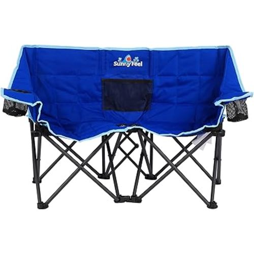 SUNNYFEEL Kids Folding Double Camping Chair, Portable Kids Camping Chairs 2 Seat Chair, Blue Padded Foldable Lawn Chairs with Cup Holder for Beach/Outdoor/Travel/Picnic, Foldable Camp Chairs 2 Person
