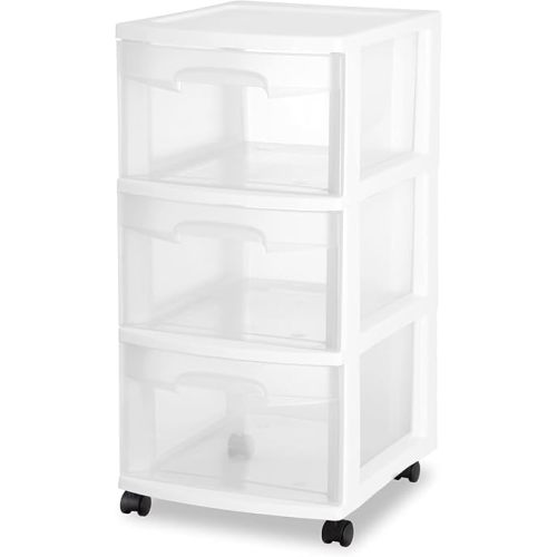 Plastic Storage Drawer Cart, Medium Home Organization Storage Container with 3 Large Drawers w/Removeable Wheels，Set of 1 (White)