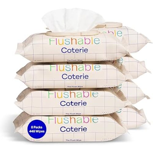 Coterie Flushable Wipes for Toddlers, Designed for Potty Training, Safe for Sensitive Skin, Hypoallergenic, 99% Water, Plant-Based, Fragrance Free, Sewer & Septic Safe, 8 Pack (448 Wipes)