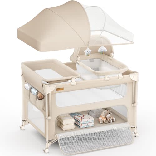 Baby Bassinet Bedside Crib, 5-in-1 One-Push Instant Fold Pack and Play | With Changing Table, Napper Bassinet, Mattress and Mosquito Net, Ideal for Home, Travel and Daily Baby care