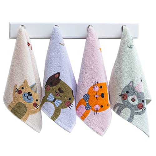 Kissvian 4-Pack Cartoon Cat Hand Bath Towel Set, Fingertip Bath Towels for Home, Pure Cotton Kids Washcloths, Soft Close Skin, Size 10" x 20"
