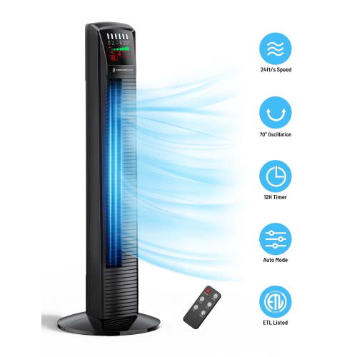 Tower Fan for Home, TaoTronics 36" Standing Floor Fan, 70° Oscillating Quiet Cooling Fan, Remote Control, 3 Modes, 3 Speeds, LED Display, 12H Timer