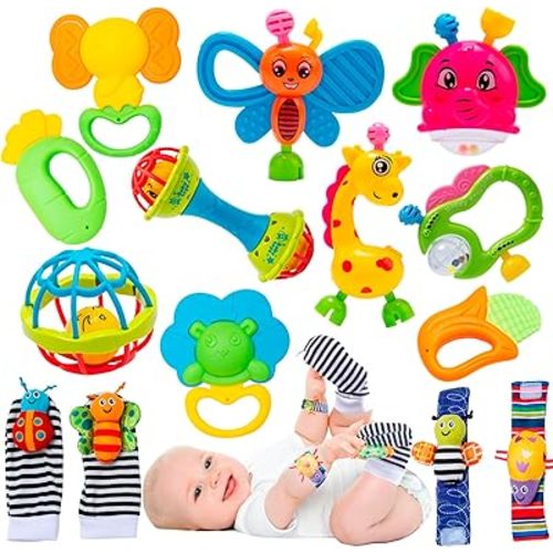Baby Rattle Toy & Baby Rattle Sock Wrist Set, 14PCS Infant Toys 3-6 Months Boy Girl Gift, Toys 6 to 12, Baby Newborn Sensory Toy 0-3 Months