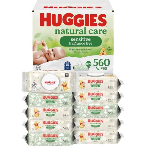 Huggies Natural Care Sensitive Baby Wipes, Unscented, Hypoallergenic, 99% Purified Water, 10 Flip-Top Packs (560 Wipes Total)