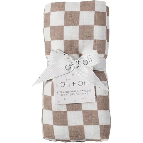 Ali+Oli Muslin Swaddle Blanket for Baby (Mocha Checkers) Large 47" x 47" Soft Rayon Made from Bamboo & Organic Cotton, Machine Washable Receiving Blanket Wrap for Newborn to Toddler