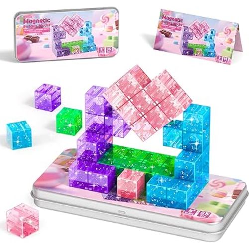 Magnetic Blocks Travel, 35PCS Mini Magnetic Blocks for Toddlers, STEM Building Cubes with Portable Iron Box, Magnetic Building Blocks for Kid Ages 3 4 5 6 7 8 Christmas Birthday Gifts, Glitter